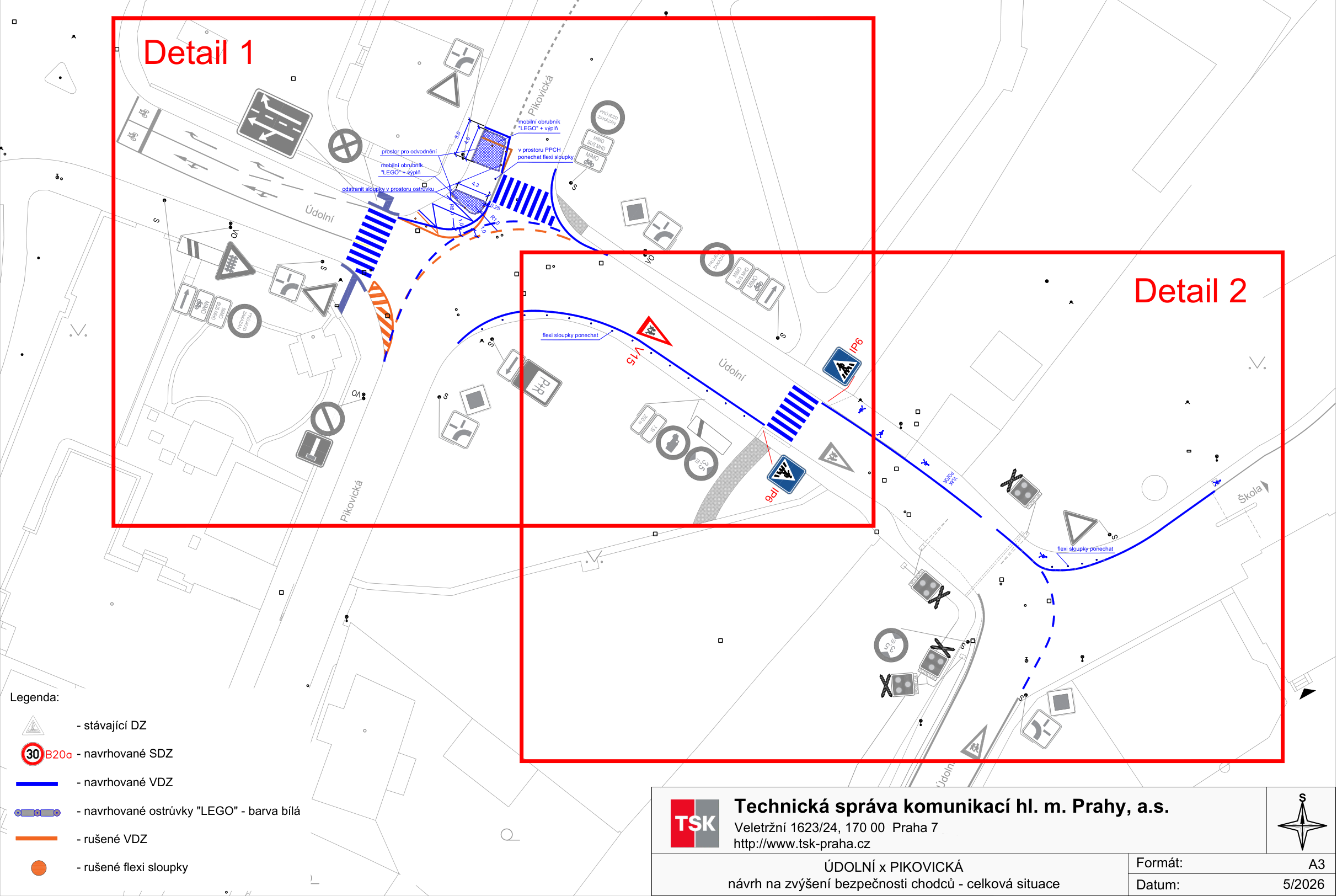 Technický výkres (situační nákres) pro zvýšení bezpečnosti chodců v lokalitě Údolní x Pikovická, Praha 7. Dokument obsahuje: Detail 1 (úprava křižovatky, instalace obrubníků 'LEGO', vodorovné dopravní značení) a Detail 2 (úprava přechodu pro chodce, flexi sloupky). Legenda: stávající DZ, navrhované SDZ (B20a), navrhované VDZ, navrhované ostrůvky 'LEGO' (bílá barva), rušené VDZ, rušené flexi sloupky. Vydavatel: Technická správa komunikací hl. m. Prahy, a.s., Veletřní 1623/24, 170 00 Praha 7, www.tsk-praha.cz. Datum: 5/2026.