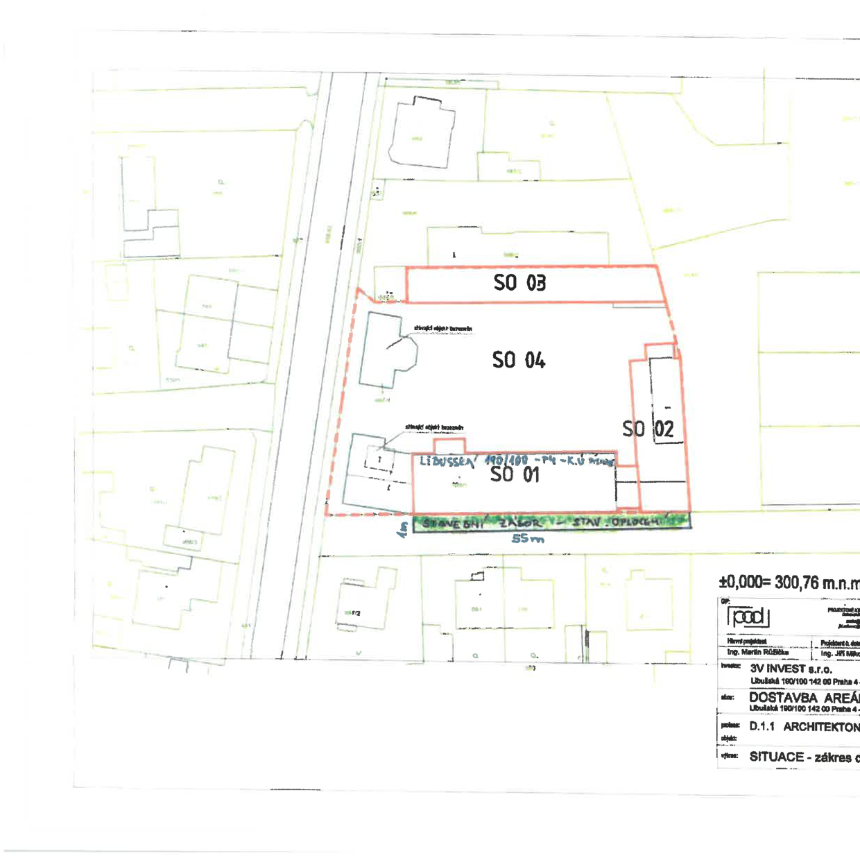 Situační výkres stavby s vyznačením jednotlivých objektů SO 01 až SO 04.