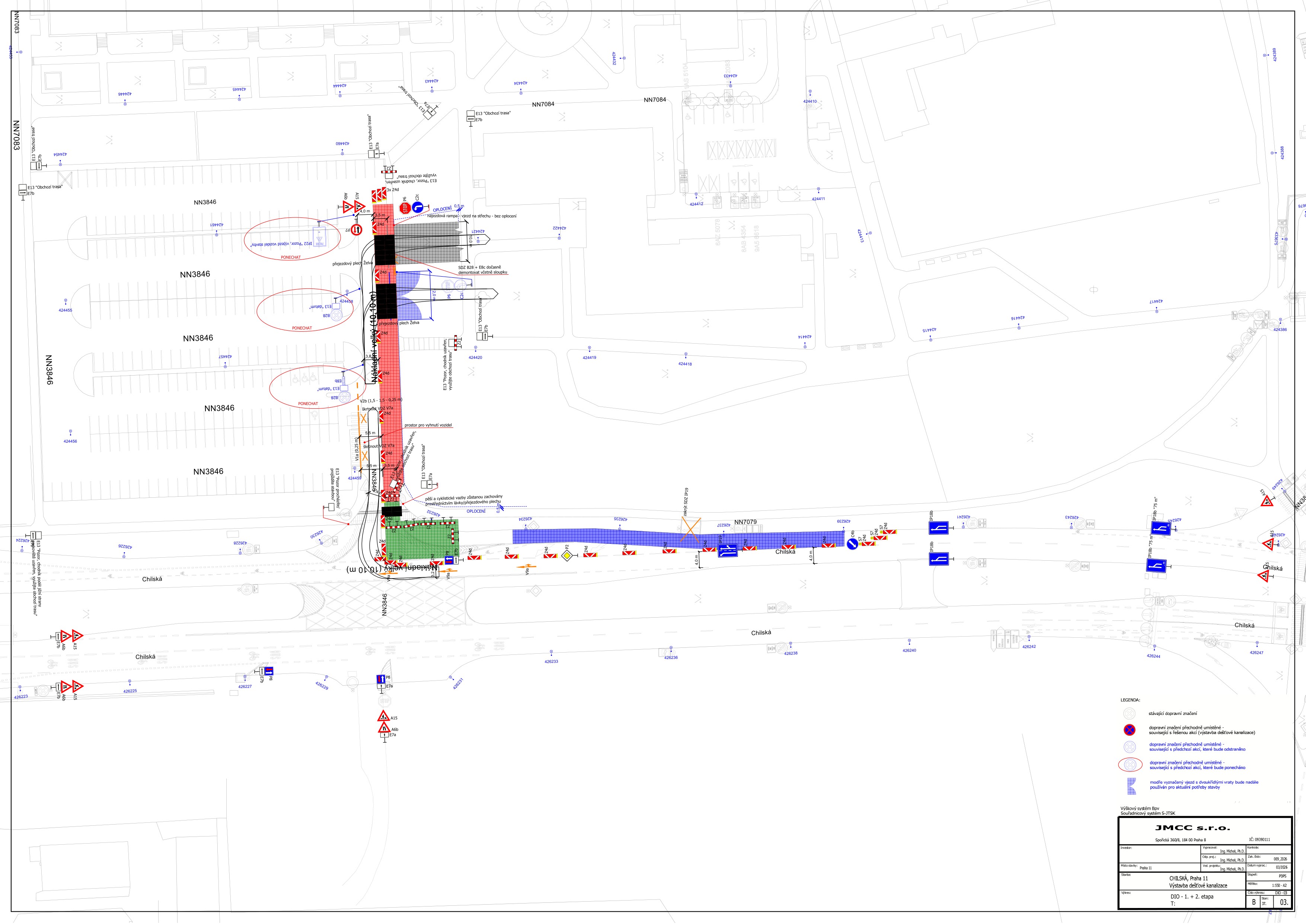 Projektová dokumentace dopravního značení (DIO - 1. + 2. etapa) pro stavbu 'Chilská, Praha 11 - Výstavba dešťové kanalizace'. Dokument obsahuje situační nákres dopravního omezení na ulici Chilská, včetně vyznačení stávajícího a nového dopravního značení, uzavírek a objízdných tras. V pravém dolním rohu je razítko firmy JMCC s.r.o., datum 08/2024, číslo zakázky D08011.