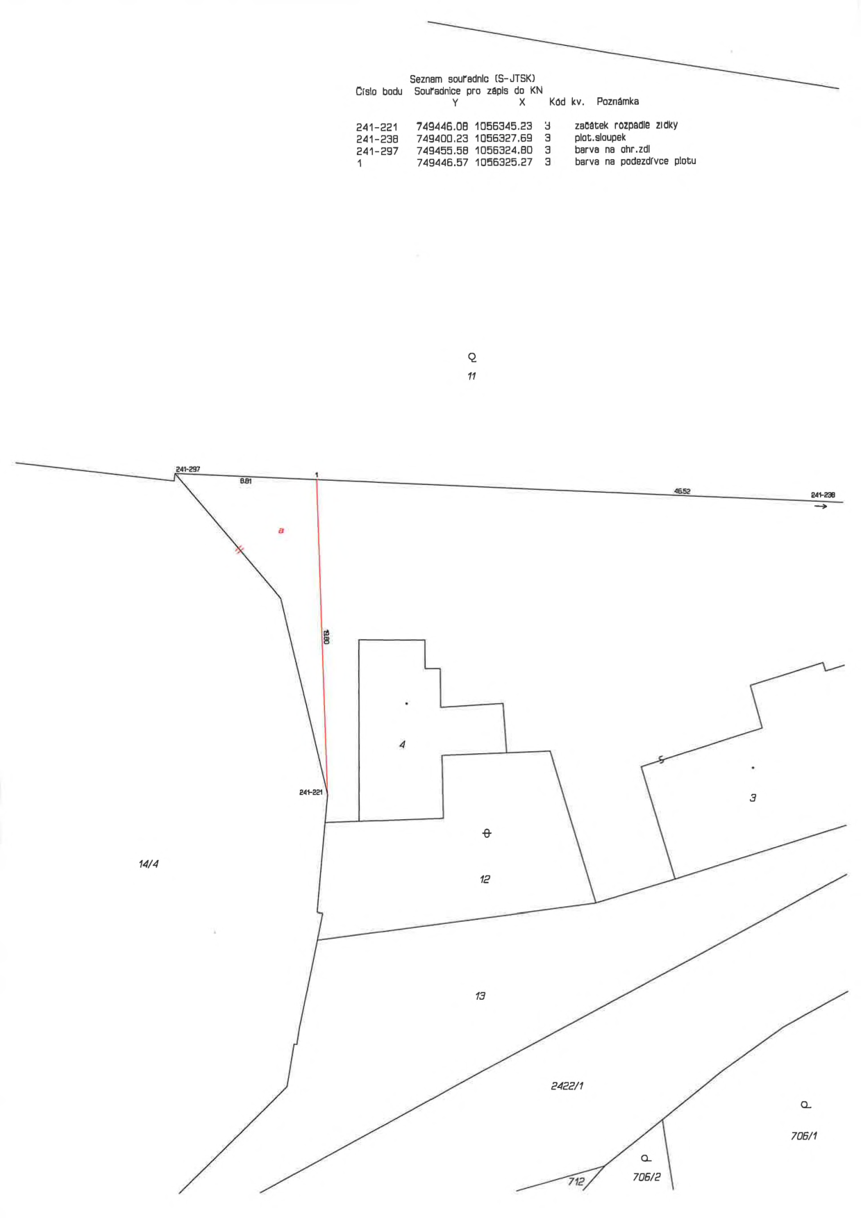 Geometrický plán (situační nákres) zobrazující hranice pozemků a budov. Obsahuje tabulku se seznamem souřadnic (S-JTSK) pro body 241-221, 241-238, 241-297 a 1. Poznámky k bodům: 241-221 'začátek rozpadlé zídky', 241-238 'plot.sloupek', 241-297 'barva na ohr.zdi', 1 'barva na podezdívce plotu'. V mapě jsou vyznačena čísla parcel (např. 14/4, 4, 12, 13, 2422/1, 3, 706/1, 706/2, 712) a délka úsečky 18.00 m.