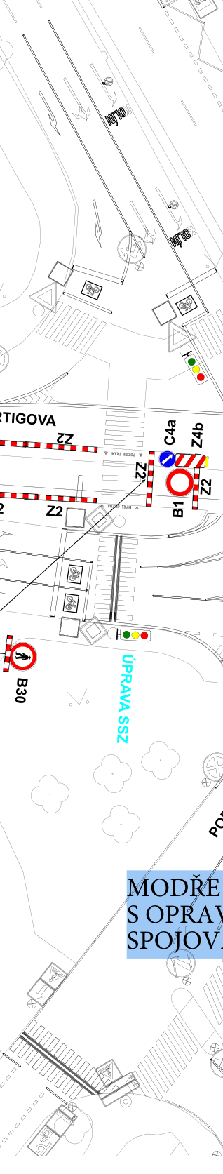 Technický výkres dopravního značení a úpravy světelného signalizačního zařízení (SSZ). Obsahuje značky: B1 (zákaz vjezdu všech vozidel), C4a (přikázaný směr jízdy vpravo), B30 (zákaz vstupu chodců), Z2 (zábrany), Z4b (směrovací deska). Dále je v plánu text 'TIGOVA', 'ÚPRAVA SSZ' a část textu v modrém poli 'MODŘE... S OPRAV... SPOJOV...'. Výkres znázorňuje uspořádání přechodů pro chodce, cyklopruhů a signalizace na křižovatce.
