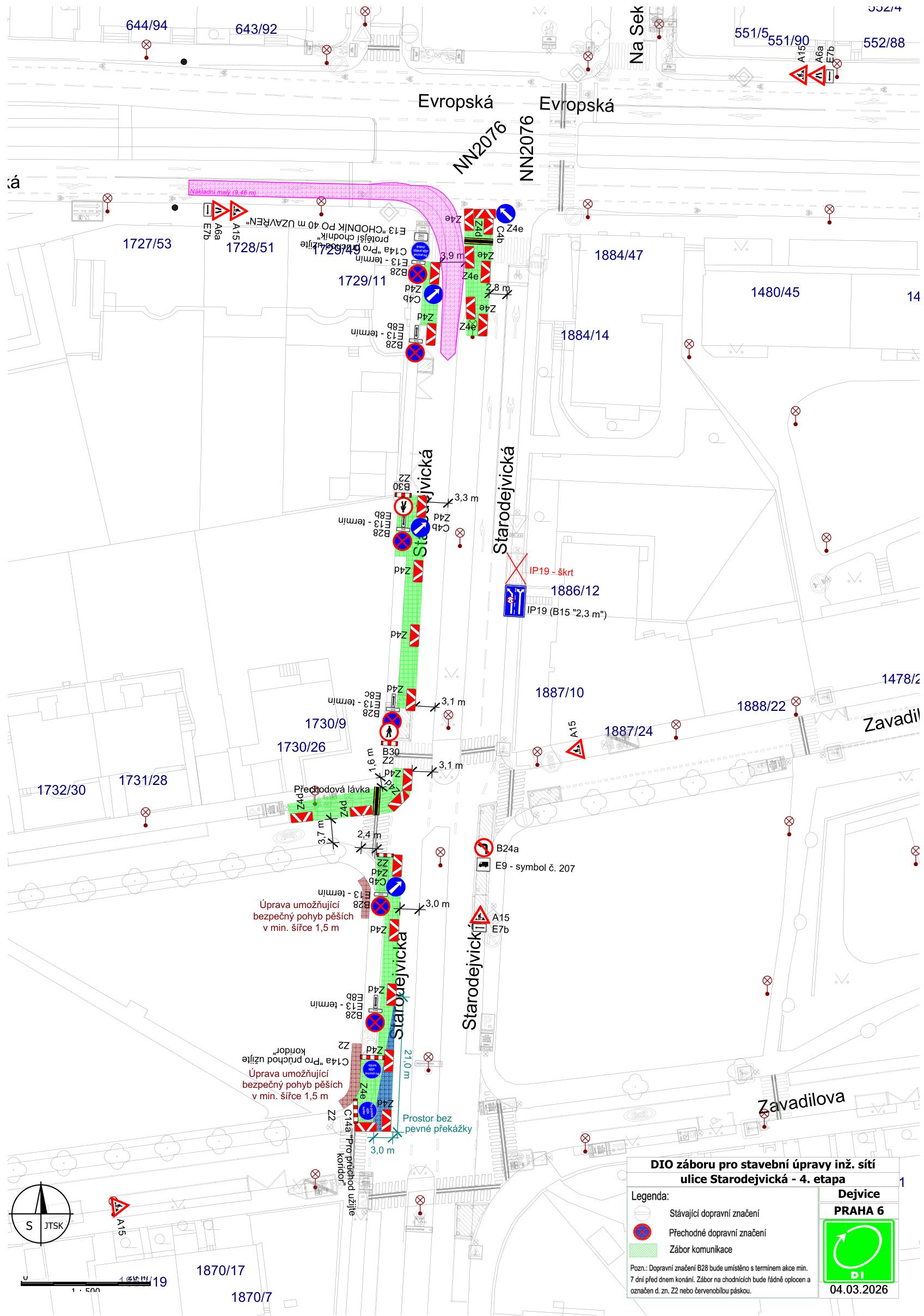 Plán dopravně inženýrského opatření (DIO) pro stavební úpravy inženýrských sítí v ulici Starodejvická, Praha 6, 4. etapa. Dokument obsahuje situační nákres uzavírek a dopravního značení v okolí ulic Starodejvická, Evropská a Zavadilova. Obsahuje legendu: stávající dopravní značení, přechodné dopravní značení, zábor komunikace. Poznámka: Dopravní značení B28 bude umístěno s termínem akce min. 7 dní před dnem konání. Zábor na chodnících bude řádně oplocen a označen d. zn. Z2 nebo červenobílou páskou. Datum dokumentu: 04.03.2026.