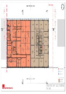 Půdorys 3. nadzemního podlaží (3NP) budovy, květen 2022, zpracovatel Metroprojekt. Výkres zobrazuje rozdělení prostor na majetek DPP (oranžová barva) a majetek…