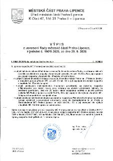MĚSTSKÁ ČÁST PRAHA-LIPENCE, Úřad městské části Praha-Lipence, K Obci 47, 155 31 Praha 5 – Lipence. V Praze dne 29. září 2026. VÝPIS z usnesení Rady městské čás…