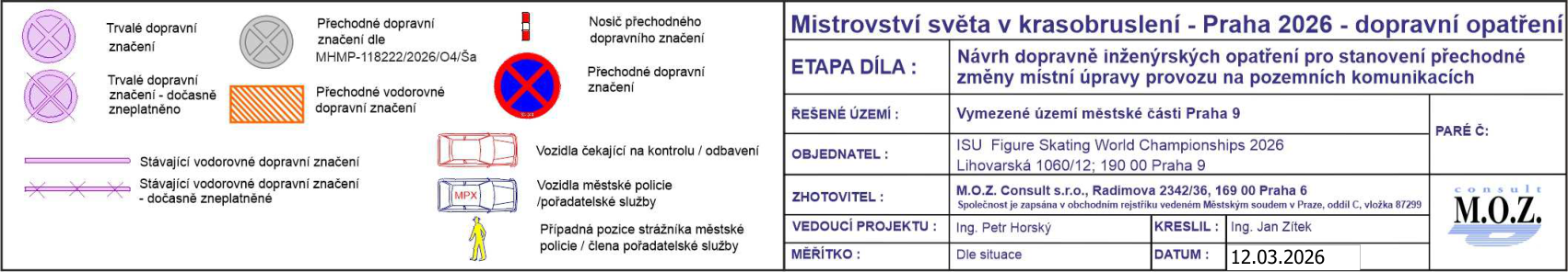 Legenda ke schématu dopravních opatření pro mistrovství světa v krasobruslení v Praze 2026.