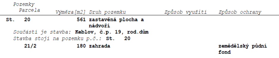 Výpis z katastru nemovitostí obsahující seznam pozemků: 1) Parcela St. 20, výměra 561 m2, druh pozemku: zastavěná plocha a nádvoří. Součástí je stavba: Keblov, č.p. 19, rod. dům. Stavba stojí na pozemku p.č.: St. 20. 2) Parcela 21/2, výměra 180 m2, druh pozemku: zahrada, způsob ochrany: zemědělský půdní fond.