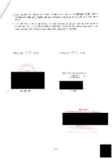 Závěrečná část smlouvy obsahující ustanovení o počtu vyhotovení (8 stejnopisů, 6 pro pronajímatele, 2 pro nájemce) a prohlášení o svobodné vůli účastníků. Podp…