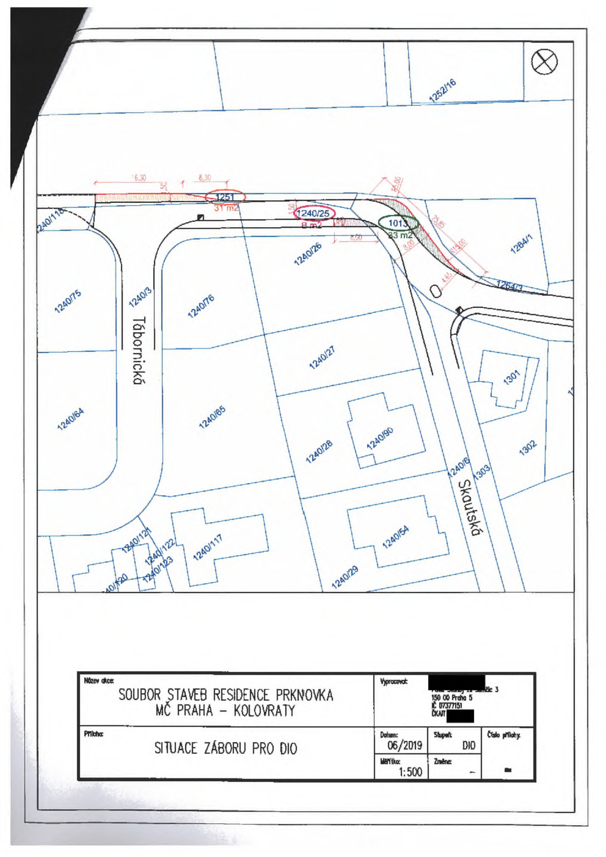 Situační nákres záboru pro DIO (dopravně inženýrské opatření) v rámci projektu 'SOUBOR STAVEB RESIDENCE PRKNOVKA, MČ PRAHA - KOLOVRATY'. Mapa zobrazuje parcely v okolí ulic Tábornická a Skautská. Vyznačeny jsou záborové plochy: parcela č. 1251 (31 m2), parcela č. 1240/25 (8 m2) a parcela č. 1013 (23 m2). Dokument obsahuje razítko s informacemi o zpracovateli (adresa: 150 00 Praha 5, IČ: 07377151), datum 06/2019, stupeň DIO a měřítko 1:500.
