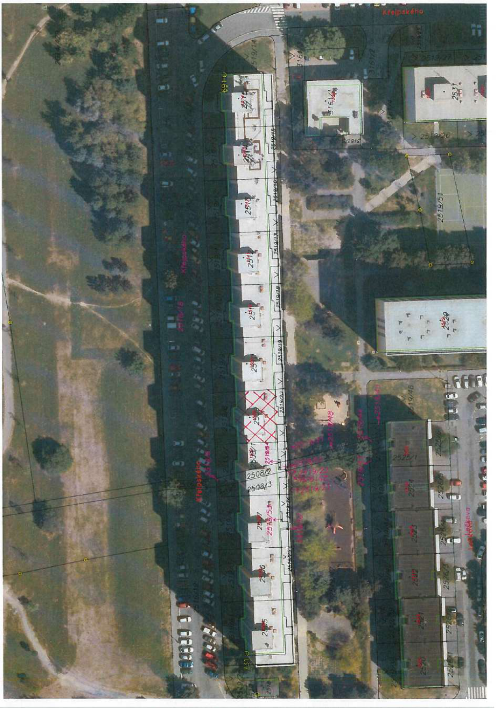 Katastrální mapa s ortofotomapou zobrazující oblast ulice Krejpského. Na mapě jsou vyznačena čísla parcel, mimo jiné: 2519/14, 2519/13, 2519/12, 2519/11, 2519/10, 2519/9, 2519/20, 2508/3, 2508/2, 2519/48, 2525/1, 2524, 2523, 2522, 2521, 2520, 2526/7, 2526/6, 2526/5, 2519/51, 2519/26, 2519/27, 2537, 3161/2, 3161/3, 3161/4. V mapě je patrná zástavba bytových domů, parkoviště a zeleň.