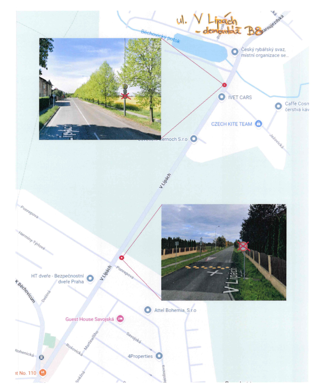 Situační plán s vyznačením umístění dopravního značení na ulici V Lipách.