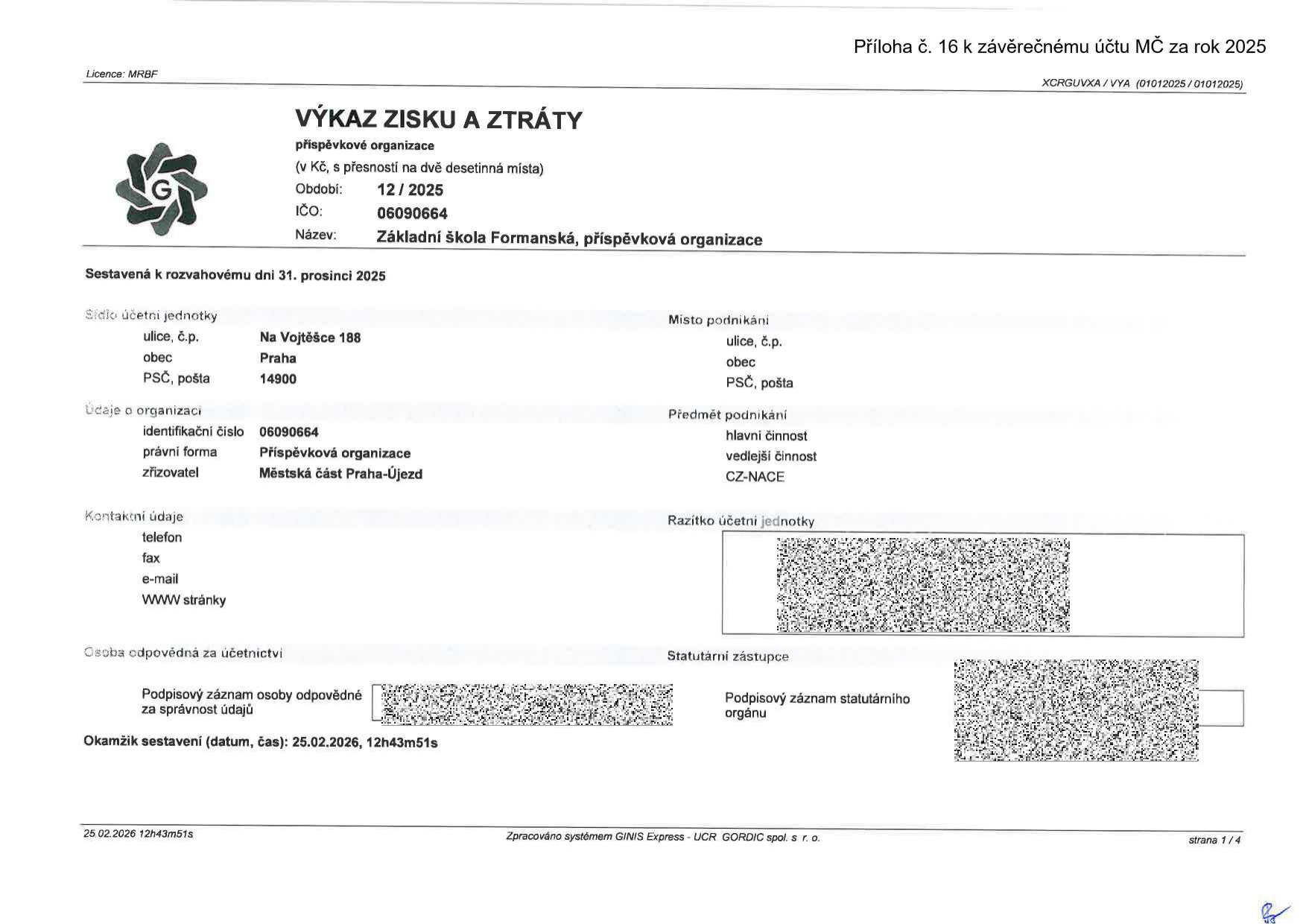 Výkaz zisku a ztráty příspěvkové organizace Základní škola Formanská, IČO: 06090664, sídlo: Na Vojtěšce 188, Praha, 149 00. Období: 12/2025. Zřizovatel: Městská část Praha-Újezd. Příloha č. 16 k závěrečnému účtu MČ za rok 2025. Okamžik sestavení: 25.02.2026, 12h43m51s.
