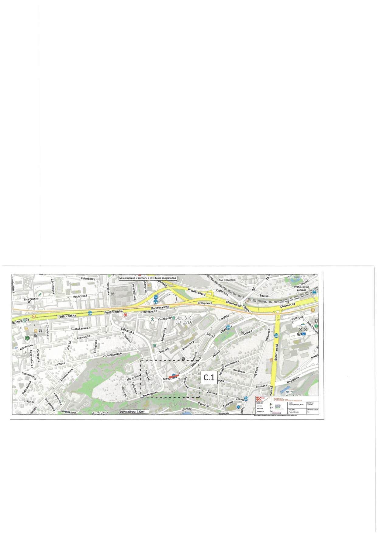 Situační mapa území s vyznačeným zájmovým prostorem C.1 v oblasti sídliště Lehovec.