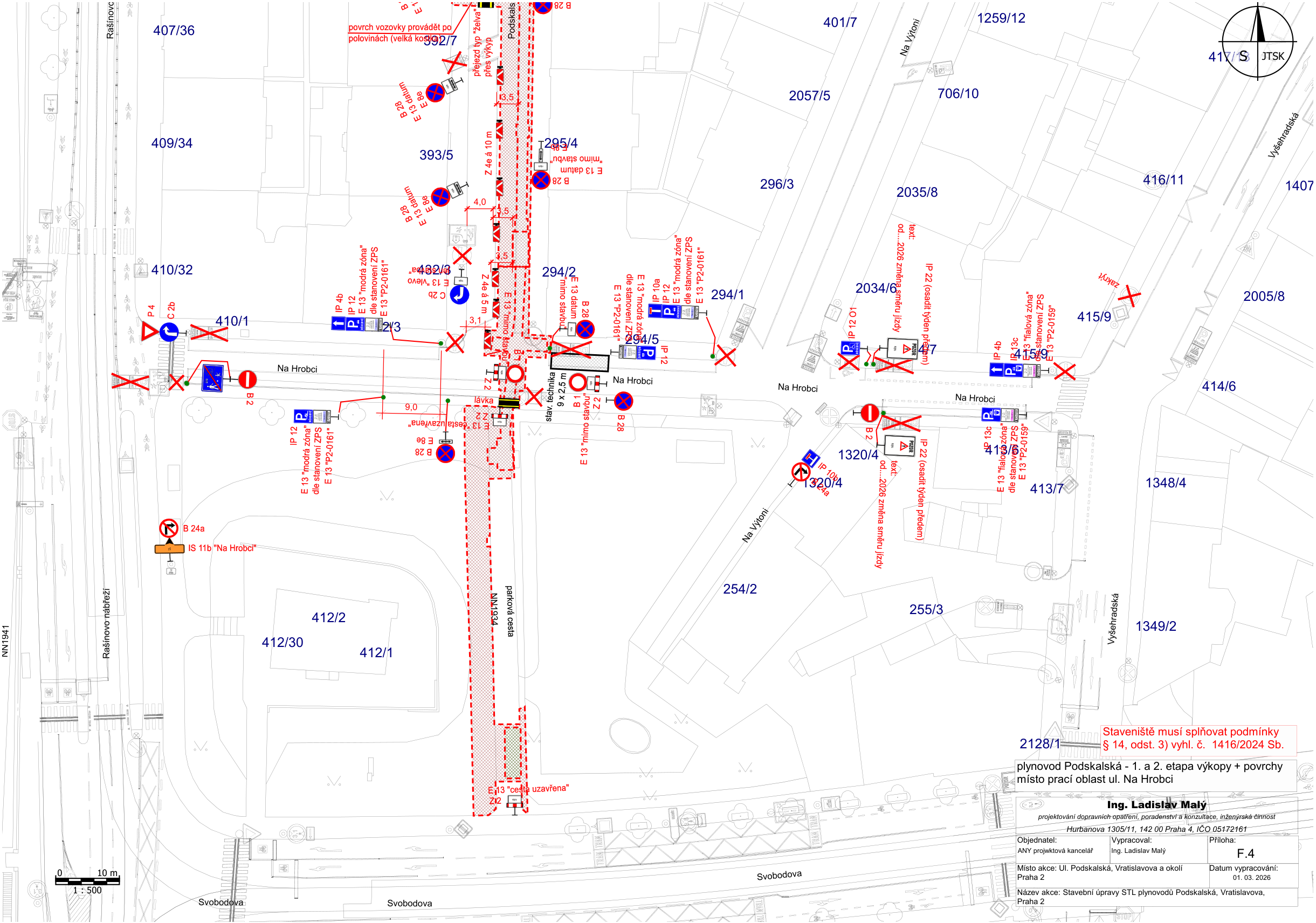 Situační nákres dopravního značení a záboru pro stavbu plynovodu v ulici Na Hrobci.