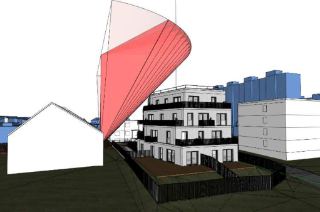 3D architektonická vizualizace plánované budovy s vyznačeným prostorovým omezením nebo stíněním (červený vějířovitý útvar) ve srovnání s okolní zástavbou.