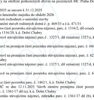 Výňatek z úředního dokumentu obsahující seznam záměrů a rozhodnutí městské části (MC) Praha-Dolní Chabry: 1. Ošetření poškozených dřevin na pozemcích MC Praha-…