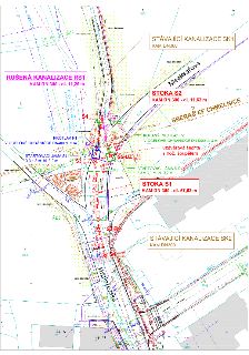 Plán stavby kanalizace s vyznačenými prvky: STÁVAJÍCÍ KANALIZACE SK1 (KAM DN300), RUŠENÁ KANALIZACE RS1 (KAM DN 300 - dl. 11,26 m), STOKA S2 (KAM DN 300 - dl.…
