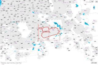 Přehledová mapa území v Praze s vyznačenou lokalitou (červený obrys) rozdělenou do dvou listů (označených 1 a 2). Mapa obsahuje názvy katastrálních území a měs…