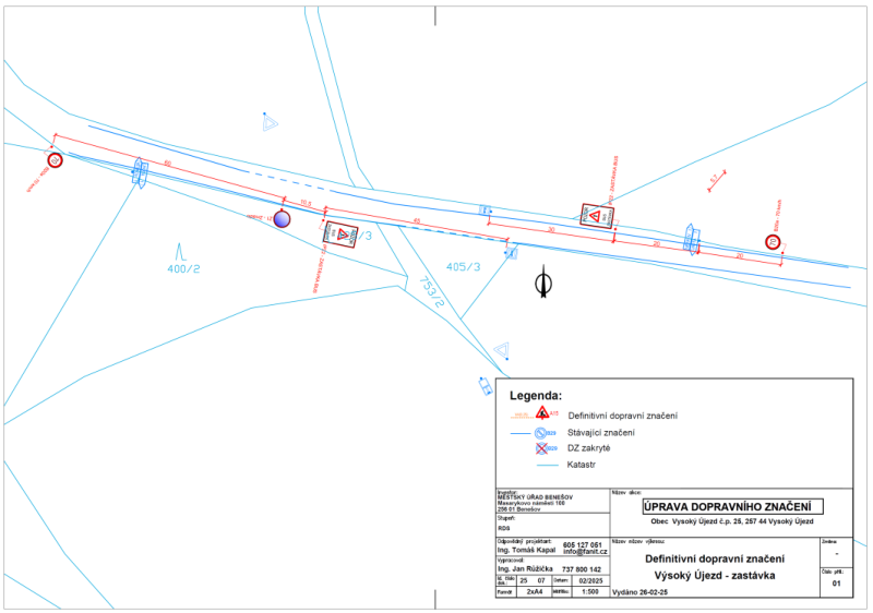 Situační nákres úpravy dopravního značení v obci Vysoký Újezd.