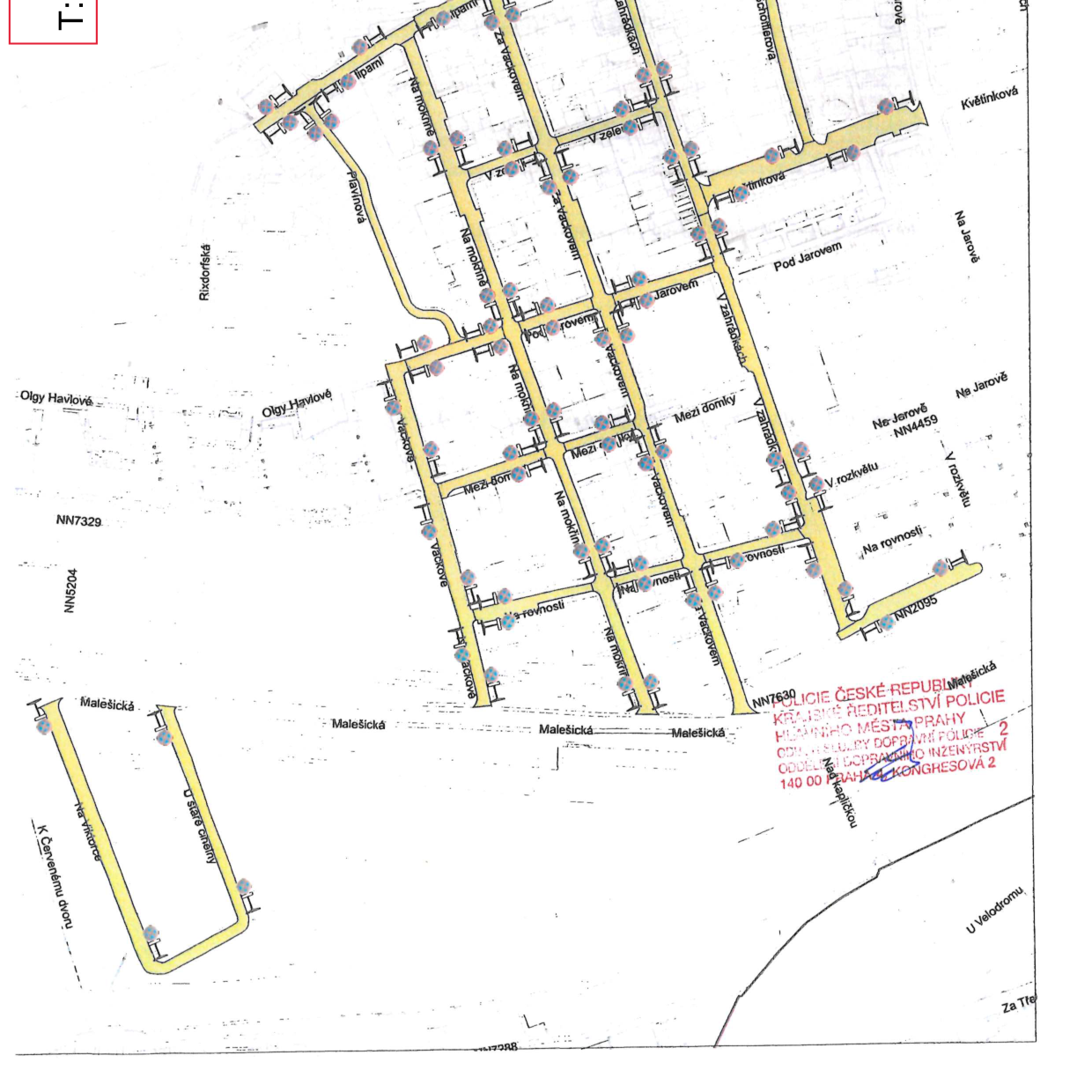 Koordinační situační výkres dopravního značení v ulicích Prahy.