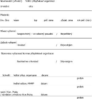 Formulář pro vyřazení majetku příspěvkové organizace. Obsahuje následující pole: Navrhovatel (uživatel): ředitel příspěvkové organizace; Umístění: dtto; Předmě…