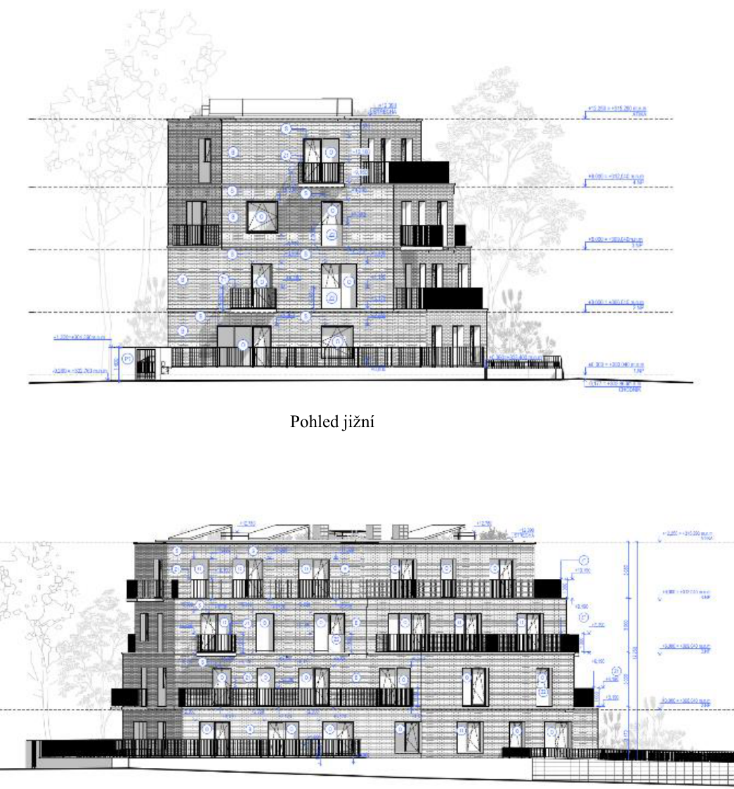 Architektonické výkresy pohledů na budovu. Horní část: 'Pohled jižní', zobrazuje fasádu s výškovými kótami (např. +12.350 STŘECHA, +9.050 4.NP, +6.050 3.NP, +3.050 2.NP, +0.050 1.NP, -0.200 TERÉN). Dolní část: boční pohled na budovu s vyznačenými výškovými úrovněmi podlaží a kótami (např. +12.350 STŘECHA, +9.050 4.NP, +6.050 3.NP, +3.050 2.NP, +0.050 1.NP). Výkresy obsahují technické značení prvků fasády a oken.