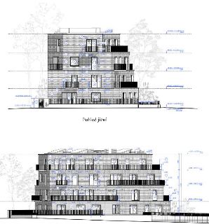 Architektonické výkresy pohledů na budovu. Horní část: 'Pohled jižní', zobrazuje fasádu s výškovými kótami (např. +12.350 STŘECHA, +9.050 4.NP, +6.050 3.NP, +3…