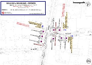 BELGICKÁ X BRUSELSKÁ – PRŮJEZD. Dopravní značení související s objízdnou trasou při opravě TT. Dopravní značení B 28 + E 13 umístit 7 dní předem (oprava vyhřív…