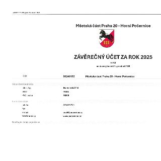Závěrečný účet za rok 2025 (v Kč), sestavený ke dni 31. prosince 2025 pro Městskou část Praha 20 - Horní Počernice. IČO: 00240192. Sídlo účetní jednotky: Jívan…