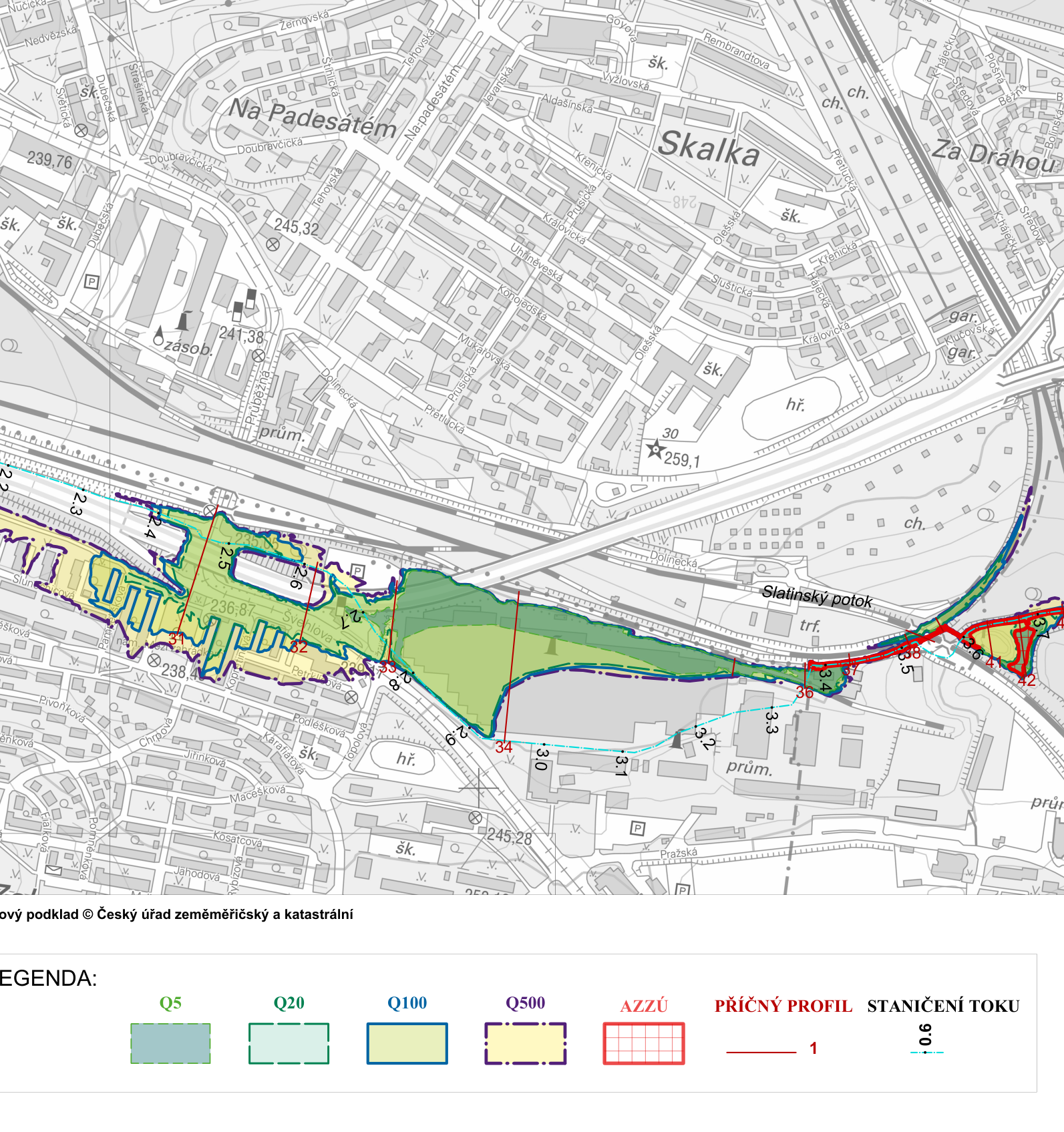 Hydrologická mapa záplavových oblastí Slatin ského potoka v Praze s vyznačenými profily průtoku.