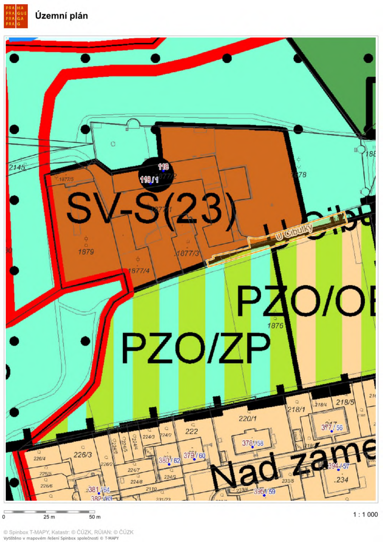 Výřez územního plánu Prahy. Zobrazená oblast zahrnuje plochy s funkčním využitím SV-S(23) (všeobecné obytné - specifické) a PZO/ZP (parkově upravené plochy / zeleň). V mapě jsou vyznačena parcelní čísla (např. 1877/2, 1877/3, 1877/4, 1879, 224/3, 224/7, 224/8, 224/9, 226/2, 226/3, 226/4, 226/5, 226/6, 233/4, 233/5, 378/58, 379/60, 380/62, 381/64, 382/63, 394/57, 395/59, 218/1, 218/4, 218/5, 220/1, 222, 234, 377/56) a názvy ulic (U Cibulky, Nad zámečkem). Měřítko mapy je 1:1000.