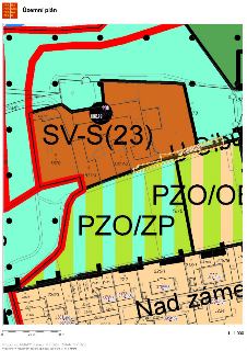 Výřez územního plánu Prahy. Zobrazená oblast zahrnuje plochy s funkčním využitím SV-S(23) (všeobecné obytné - specifické) a PZO/ZP (parkově upravené plochy / z…